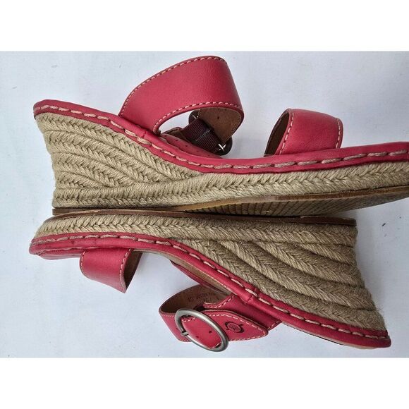Born Womens Red Leather Strappy Wedge Sandals With Braided Espadrille Heel & Adj - Picture 9 of 12
